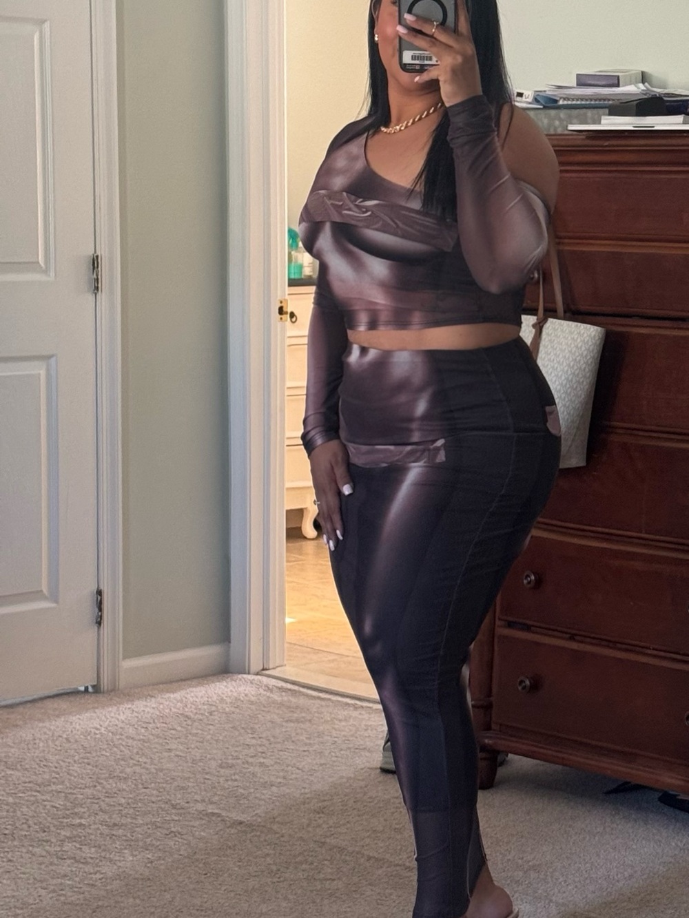 Fashion Nova Dark Brown One-Shoulder Sheer Two-Piece Set